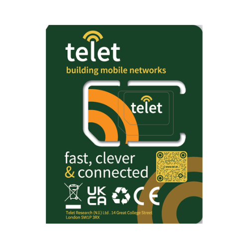 Mobile Network (Nano to Micro to Mini) SIM card packaging with Telet branding and product details.
